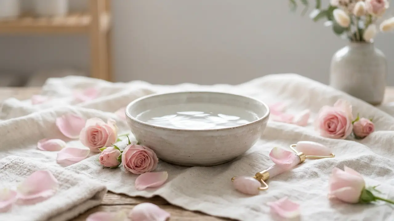 Composizione soft di petali rosa e luce delicata, atmosfera beauty